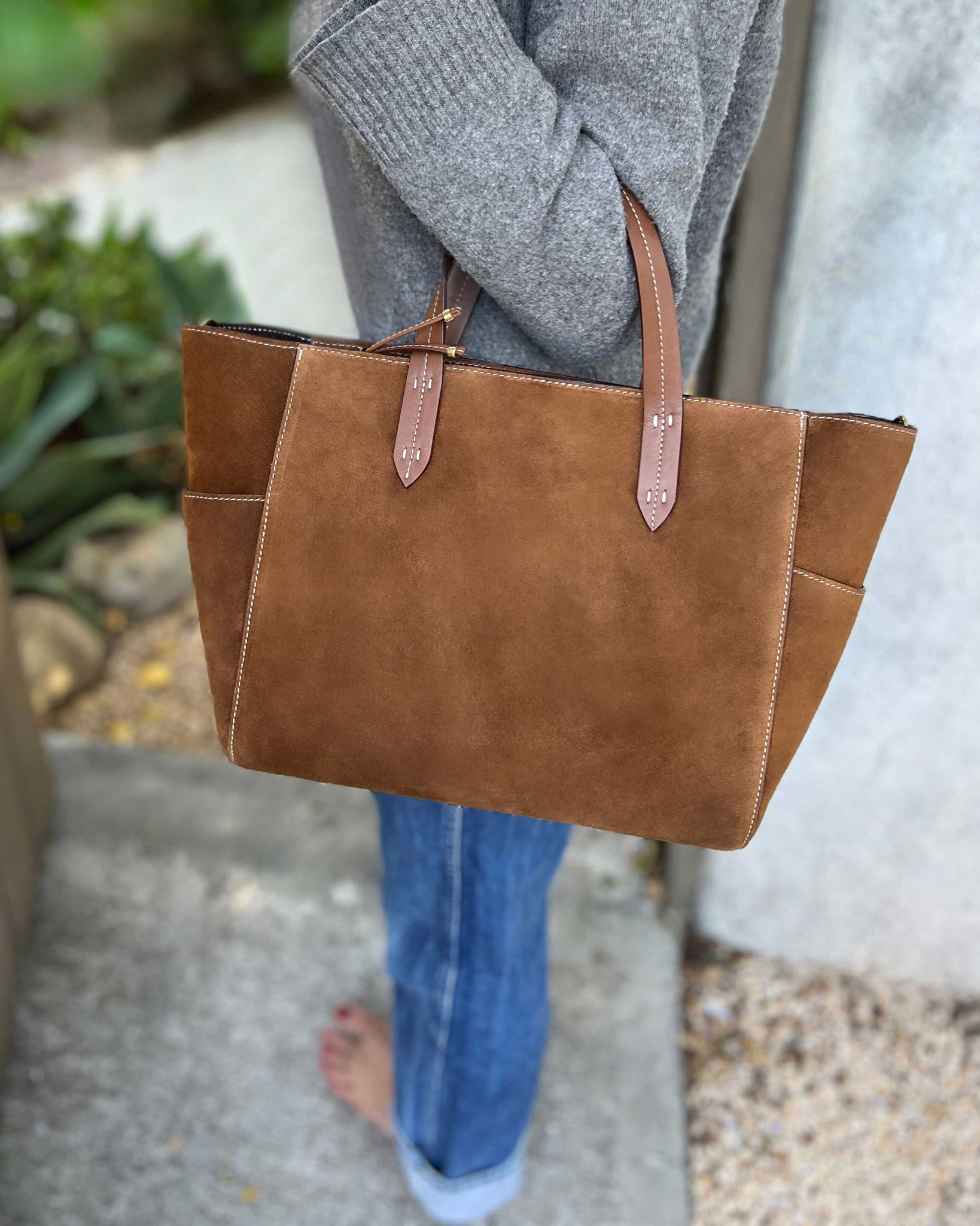 Brown Nukbuck Leather Tote Bag with Inner Pouch for Work